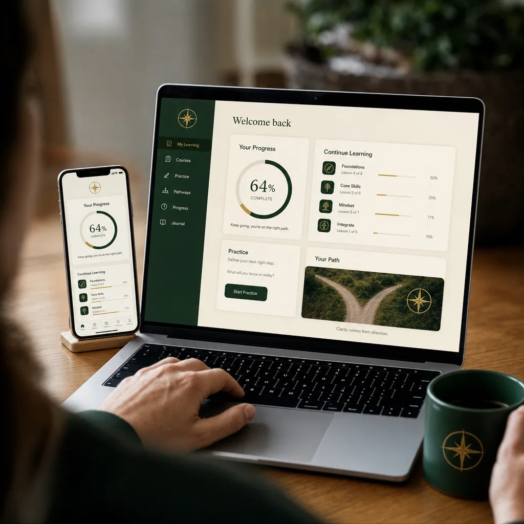 Inside the program: course dashboard with modules, lessons and reference guides